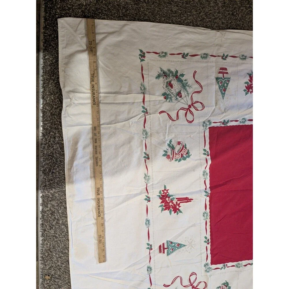 Vintage 50s Rectangle Christmas Tablecloth MCM Cotton Bells Trees  Candles *Flaw